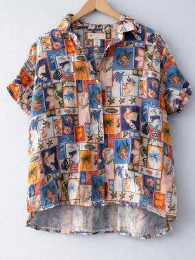 C&C California Linen Tropical Vacation Patchwork Shirt M Boxy Button Up High Low